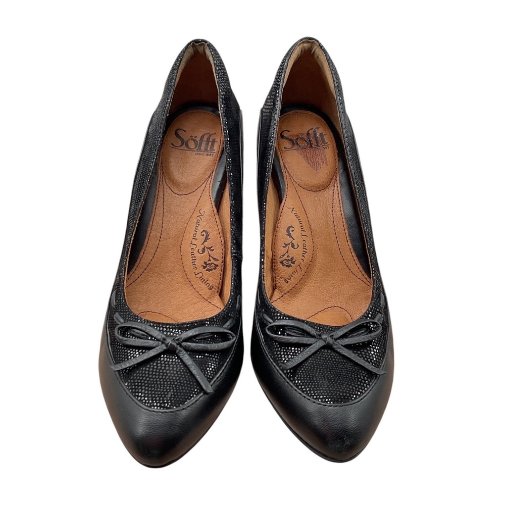 Sofft Womens Black Leather Textured Bow‎ Accent Almond Toe Pumps Heels Size 8 M